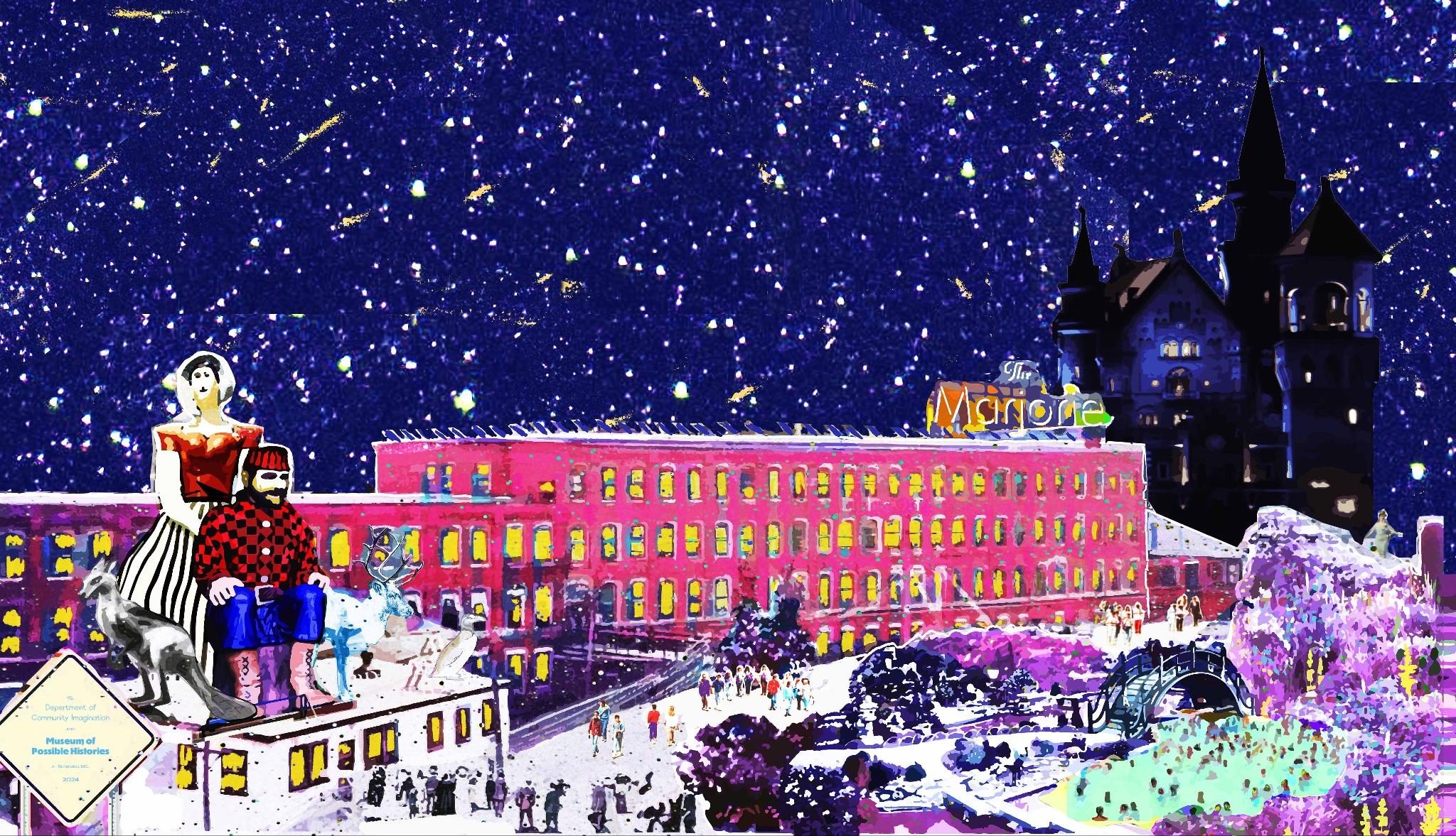 Illustration of The Marjorie hotel in a pink brick mill under a starry sky
